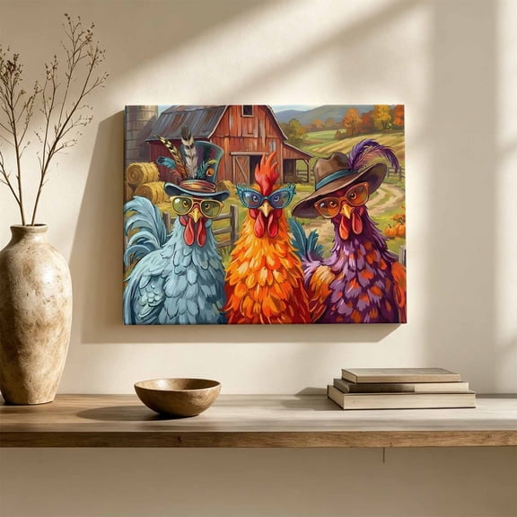 Colored Roosters Canvas Wall Art, Abstract Hat Sunglasses Rooster Farmhouse Barn Wall Art Prints Artwork Framed Canvas Ready to Hang Art Pictures for Hallway Living Dining Room Bedroom 24" x 16"