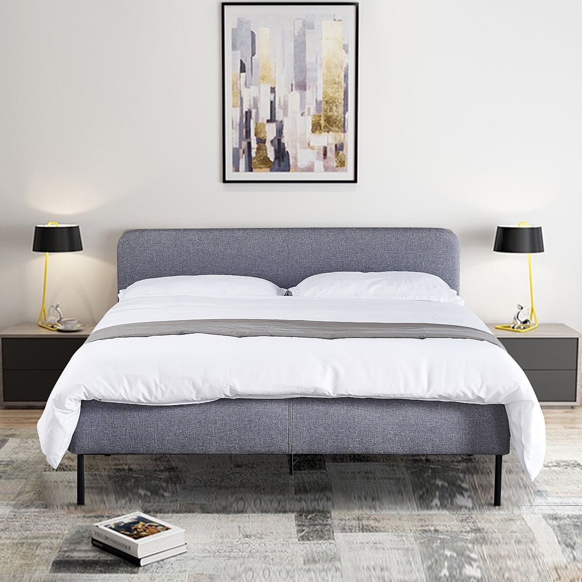 Lusimo Queen Bed Frame with Headboard Upholstered Modern Tufted Fabric