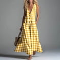 thumbnail image 2 of Makaor Linen Dresses for Women Casual Summer A Line Button Maxi Dresses Plus Size Sleeveless Dress Gingham V Neck Beach Vacation Clothes with Pockets Yellow L, 2 of 7