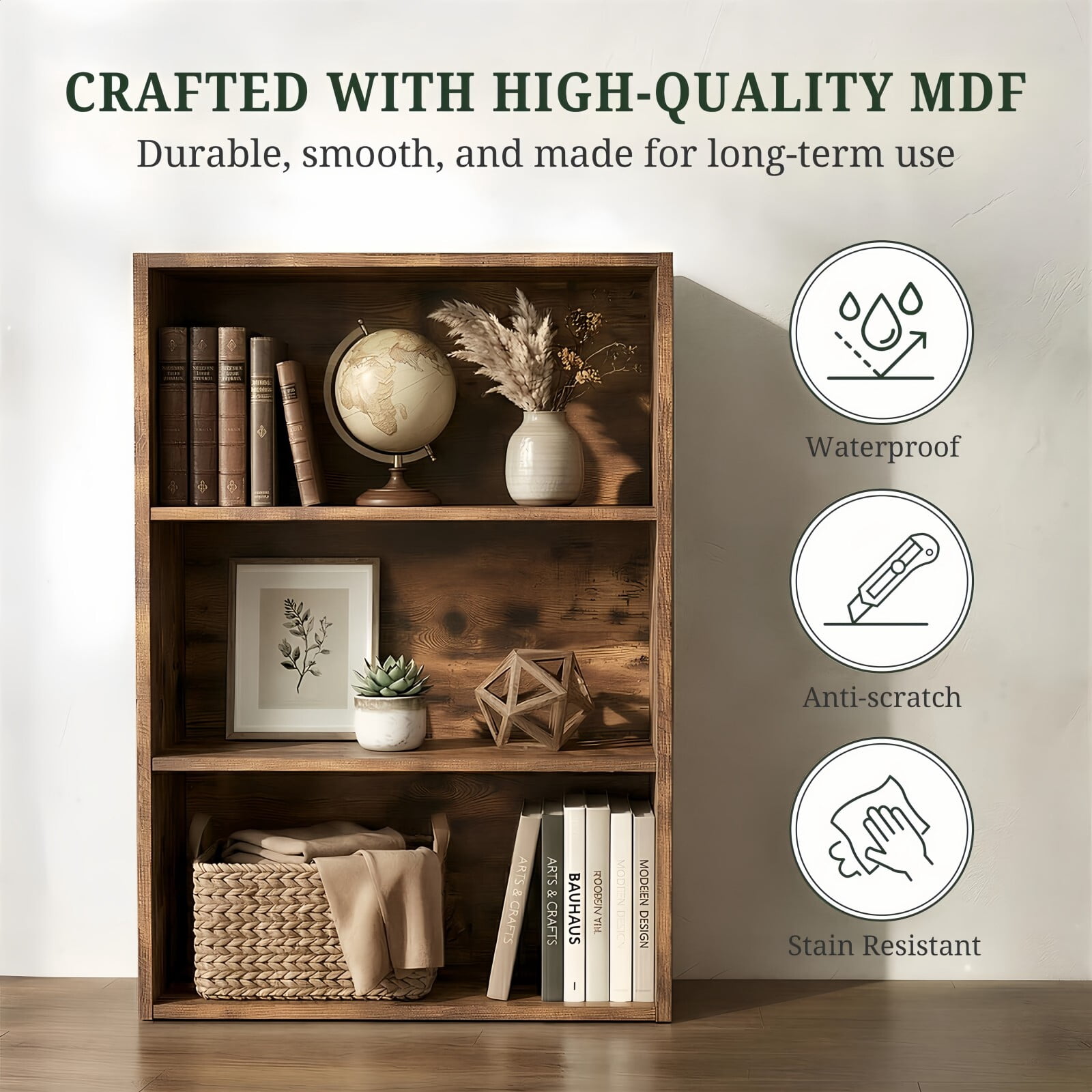 Kelno 3 Tier Vintage Bookshelf 31.5" Freestanding Wood Bookcase with Adjustable Shelf Anti-Tip Kit, Rust