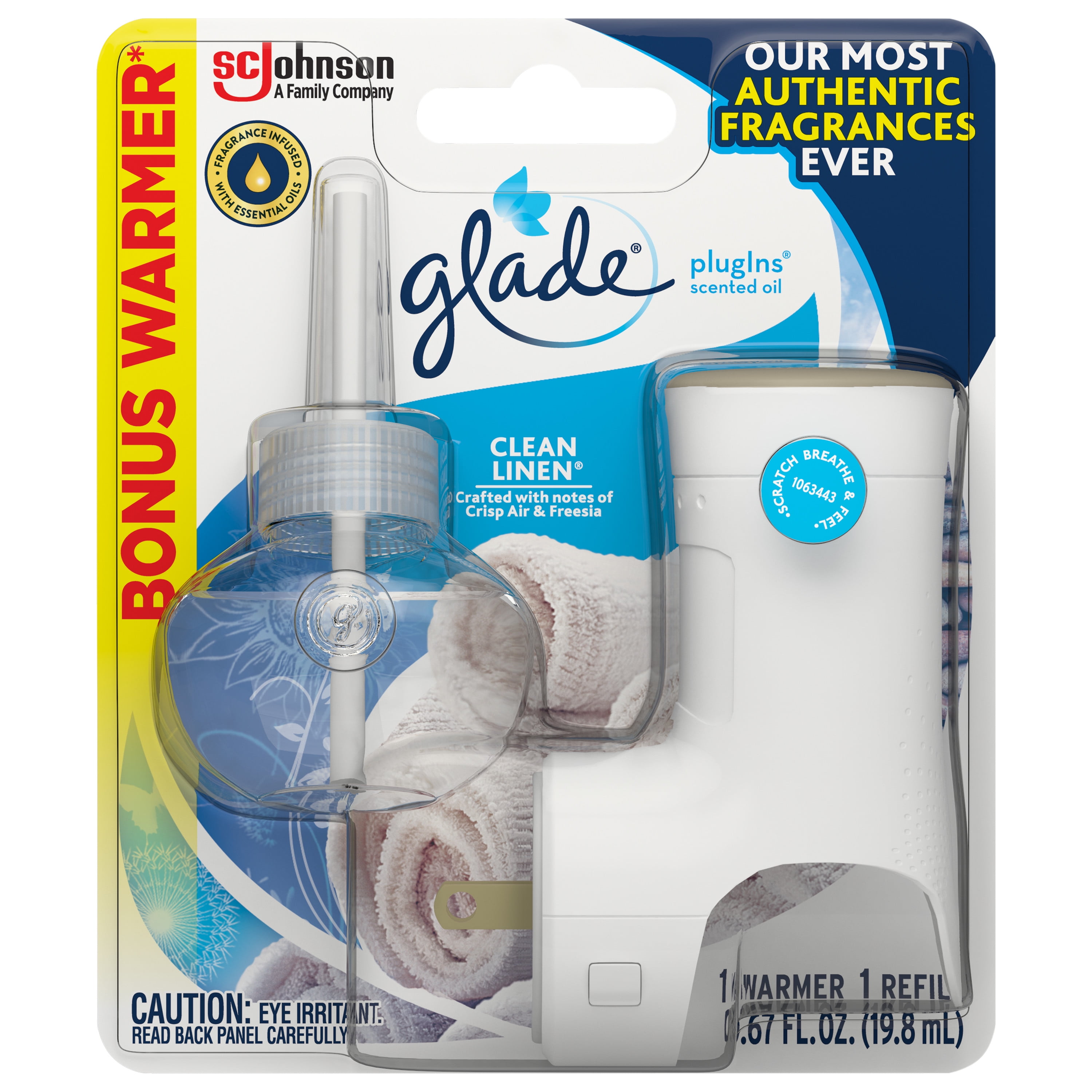 Glade PlugIns Warmer and 1 CT Refill Starter Kit, Clean Linen, 0.67 FL