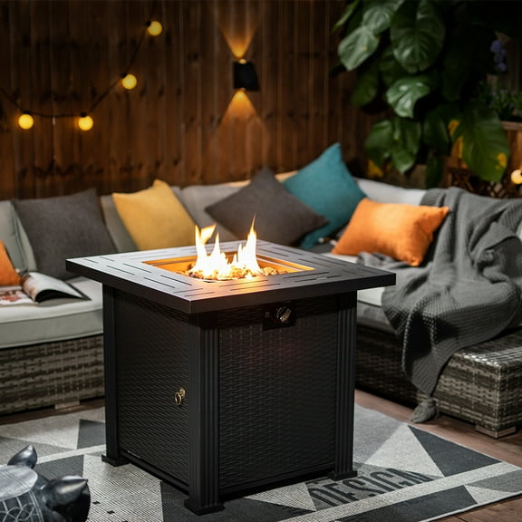 SEGMART 40,000 BTU Propane Fire Pit Table, 28inch Gas Fire Pit with Removable Lid & Lava Rock, Outdoor Rattan & Wicker -Look Square Fire Table, ETL Approved, Auto-Ignition, Brown, B6005
