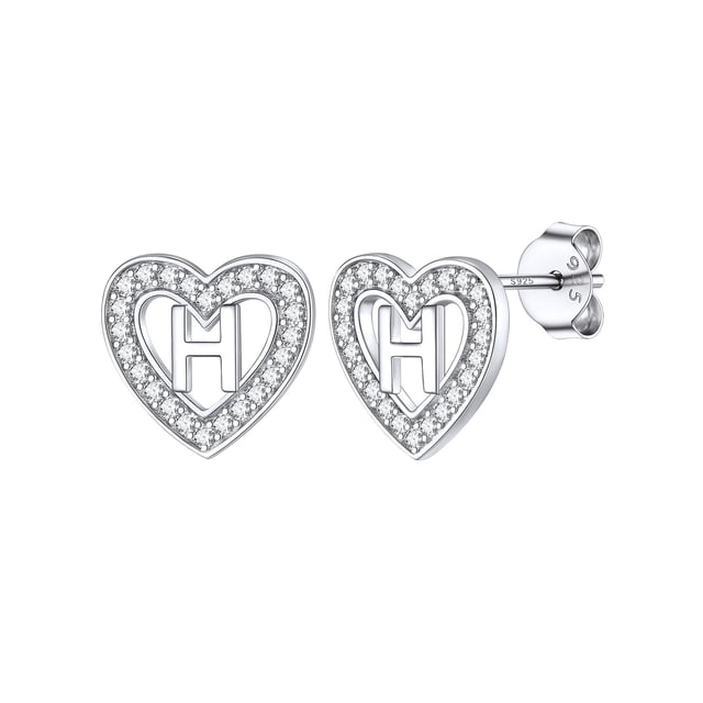 Pendientes de Botón de Corazón Inicial Silvora para Mujeres y Niñas Plata Esterlina con Letra H