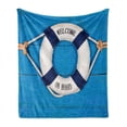 thumbnail image 1 of Coastal Soft Flannel Fleece Throw Blanket, Welcome on Board Sign on Painted Timber Wall Tightened with Rope, Cozy Plush for Indoor and Outdoor Use, 50" x 70", Blue Navy Blue White, by Ambesonne, 1 of 5