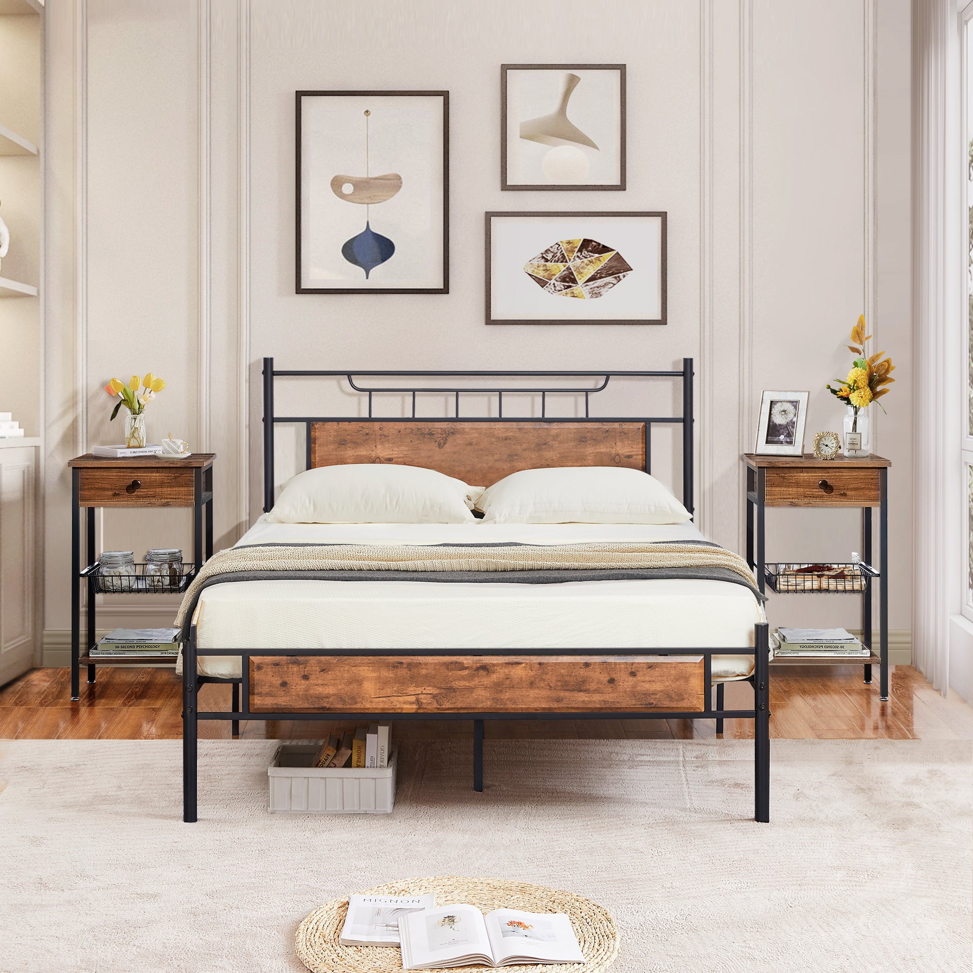 VECELO 3-Piece Bedroom Set with Full Bed Frame and 2 Nightstand, Brown ...