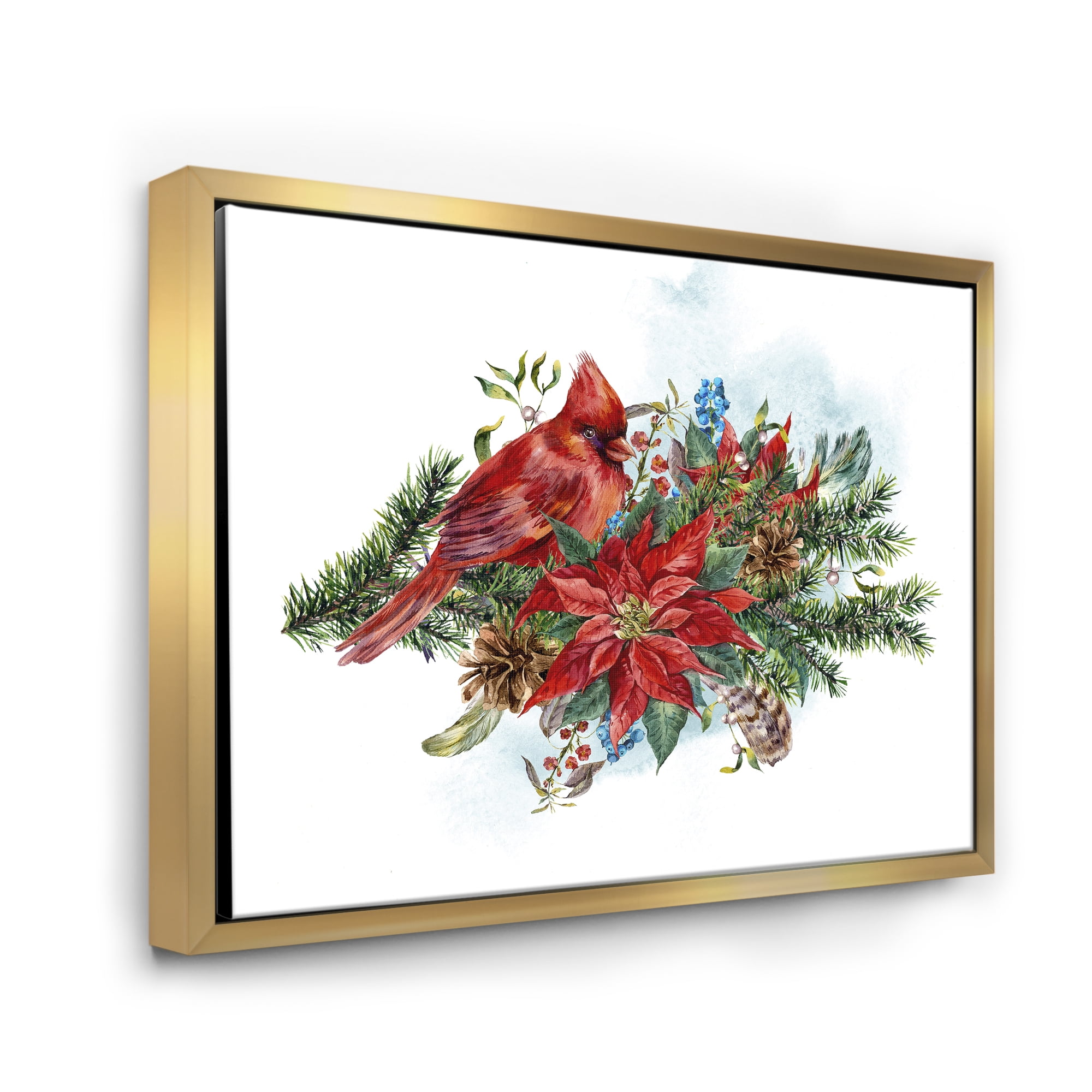 Designart 'Christmas Red Cardinal Bird and Poinsettia' Traditional Framed Canvas Wall Art Print