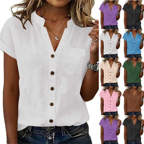 GERsome Womens T-Shirts Button Down V-Neck Short Sleeve Shirts Casual Work Blouses Summer Tops with Pockets,White,Size L
