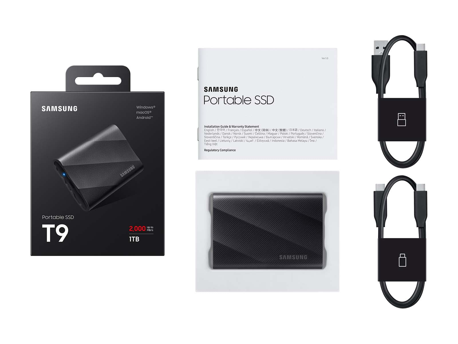 Samsung Portable SSD T9 1TB　2000MB/s Samsung, Portable SSD, T9 1TB, Up to 2,000MB/s USB 3.2 Gen 2x2