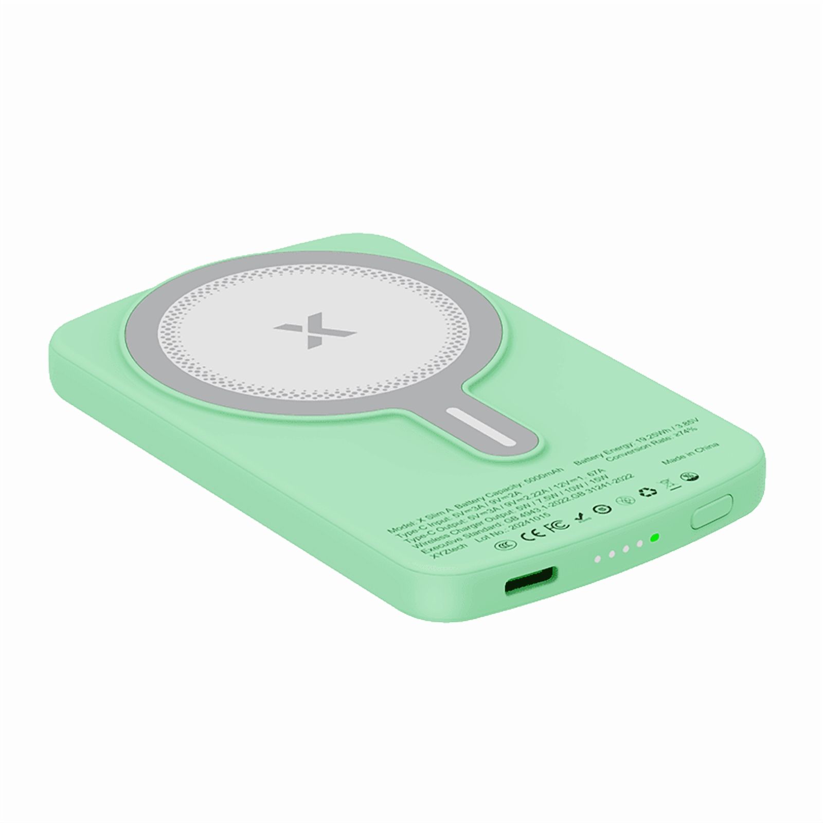 XYZtech X Slim A Wireless Power Bank - 5000 mAh - Ultra Thin - 0.39" Rubber Oil Finish Plastic Casing Design, Compatible with iPhone and Samsung, Green