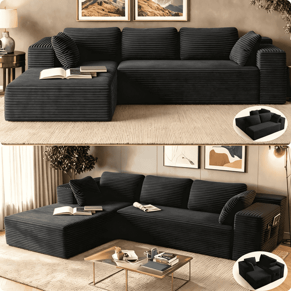 Sofa, Lofka 105" L-Shaped Sectional Couch for Living Room, High-Resilience Foam & Premium Corduroy Fabric, Free Assembly, Black