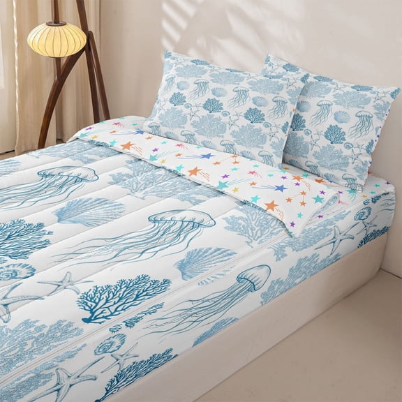 Manfei Coral Starfish Jellyfish Seashell Zipper Full Size Comforter Sets with Fitted Sheet and 2 Pillowcases for Kids Boys and Girls, Watercolor Blue White Zipper Bedding Set, Stars Reversible, 4pcs