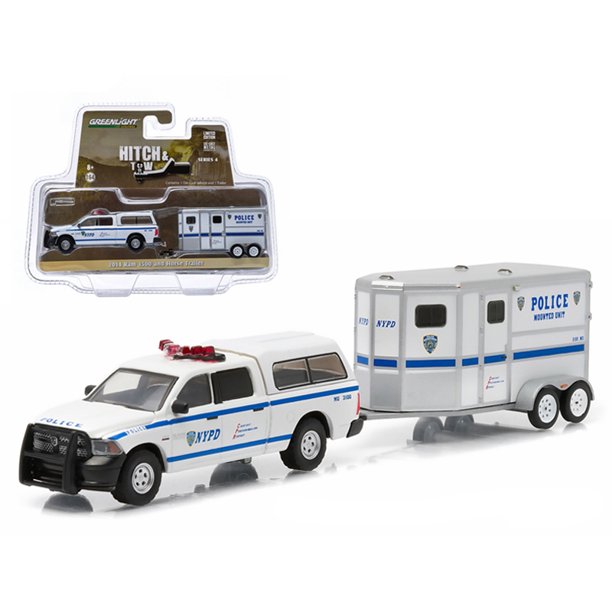 2014 Dodge Ram 1500 NYPD Pickup Truck and NYPD Horse Trailer Hitch & Tow Series 4 1/64 Diecast