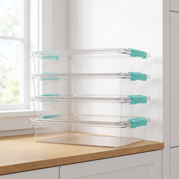 6 Qt Plastic Storage Bins with Lids, Clear Sensory Bins, Arts Crafts Organizers and Storage, Stackable Containers for Home Office and School Supplies, 4 Pack
