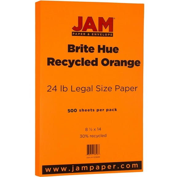 JAM Paper Legal Paper, 8.5 x 14, 32lb, Orange, 500/Pack