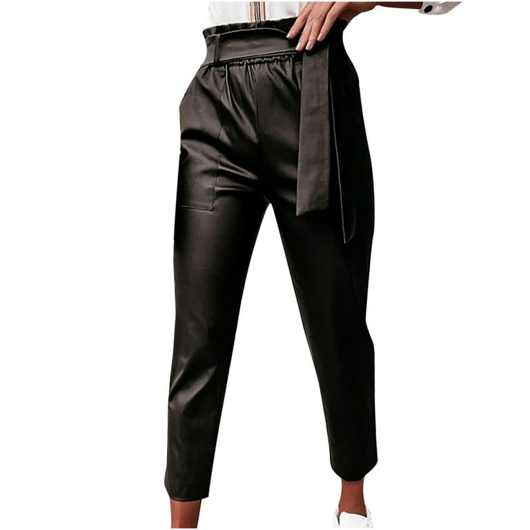 Hfyihgf Women Skinny Faux Leather Stretchy Pants Leggings High Waist Pencil  Black Tight Trousers Fashion(01#Black,L)