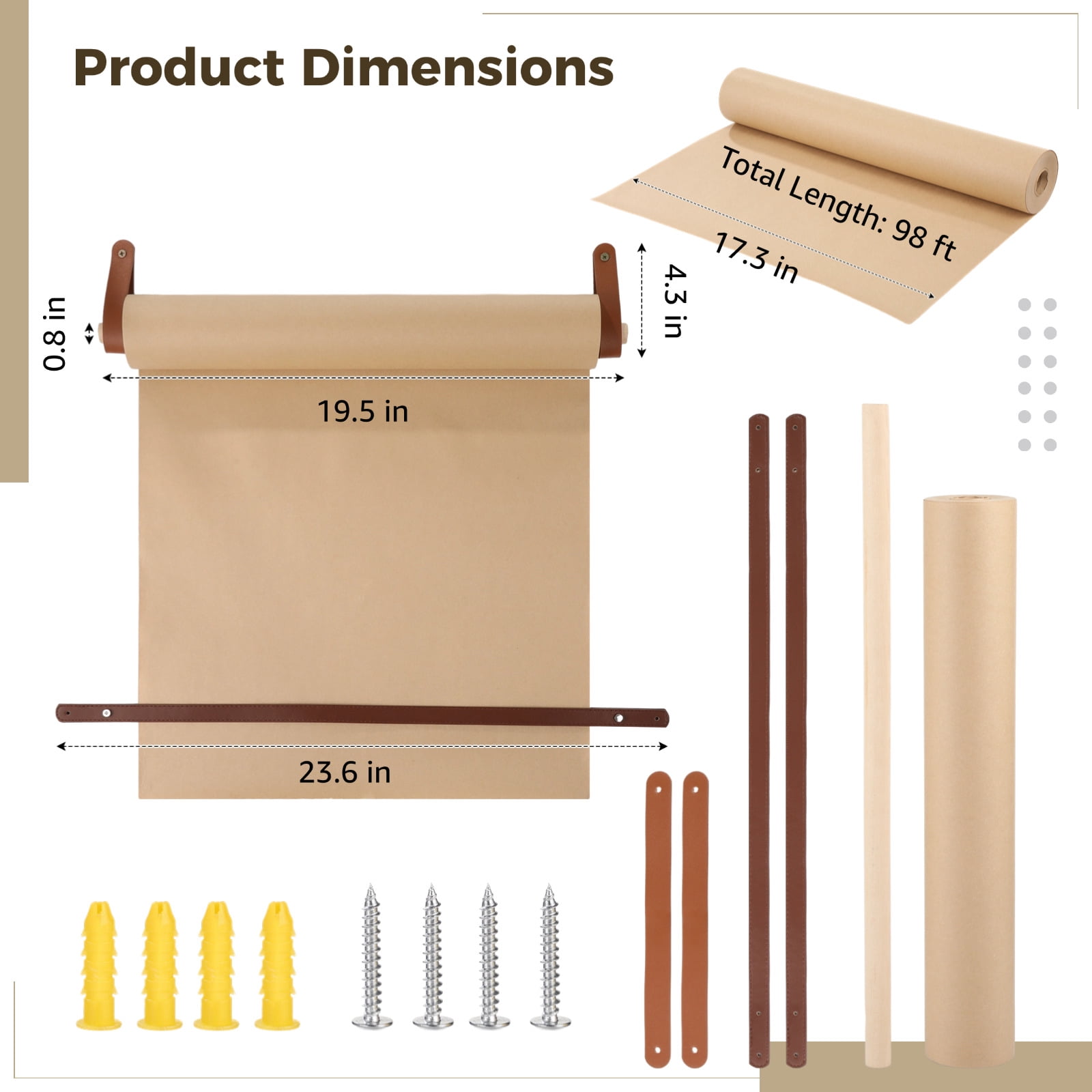 Kraft Paper Roll Kraft Paper Roll Wall Dispenser, Wall Mounted Butcher Paper Holder with Wood Roller & Leather Straps, 98 Ft Brown Kraft Roll for To-do Lists, Artwork, Wall Decor, Message Display