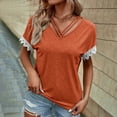 thumbnail image 4 of Hot days, bold styles Olyvenn Criss Cross V Neck Tops for Women Lace Patchwork Short Sleeve Shirt Solid Color T Shirts Plus Size Loose Fit Blouse Orange M, 4 of 7