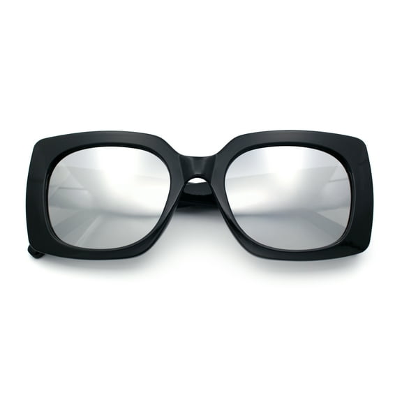 Womens Mod Chic Designer Fashion Thick Plastic Rectangle Butterfly Sunglasses Black - Silver Mirror