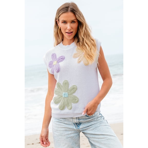 Casuashion Elegant White Crochet Flower Sweater Top - Handmade Beauty for Any Occasion!