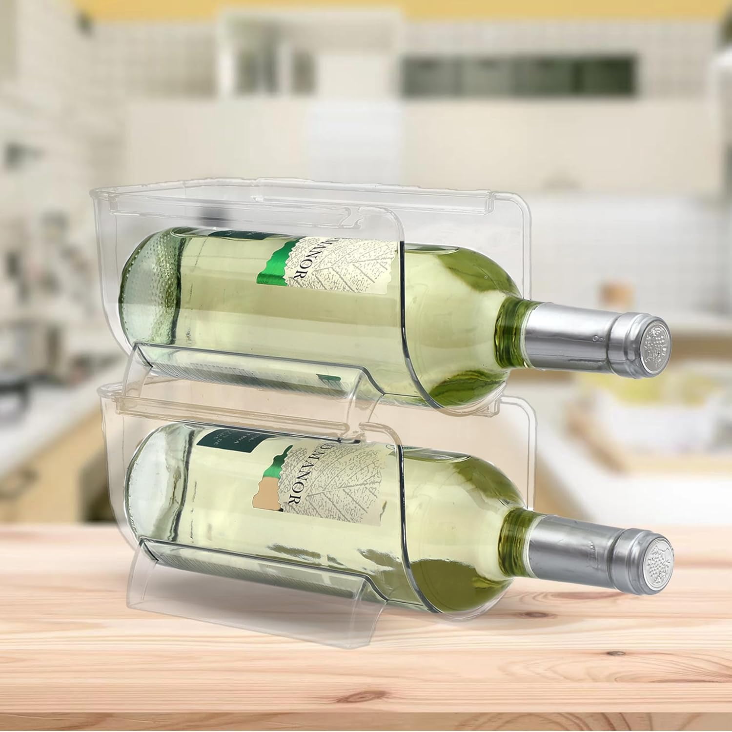 BAGnoREGio 4-Bottle Wine Bottle Organizer Rack, Stackable Plastic Water Holder Storage for Fridge, Cabinet, Countertop.