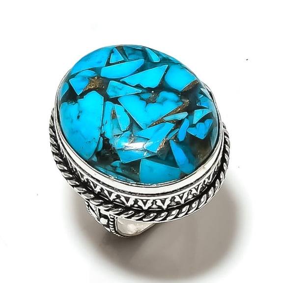 Natural Copper Blue Turquoise Gemstone 925 Sterling Silver Ring Size 8