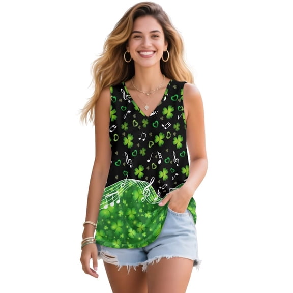 FUIALDOLG St Patrick Day Clothes Green Leaf Tank Tops for Women Loose Fit Casual Flowy Tank Tops V Neck Vest Love Hearts Music Note Tunic T-shirts Basic Tee Casual Blouse for Holiday Party,S