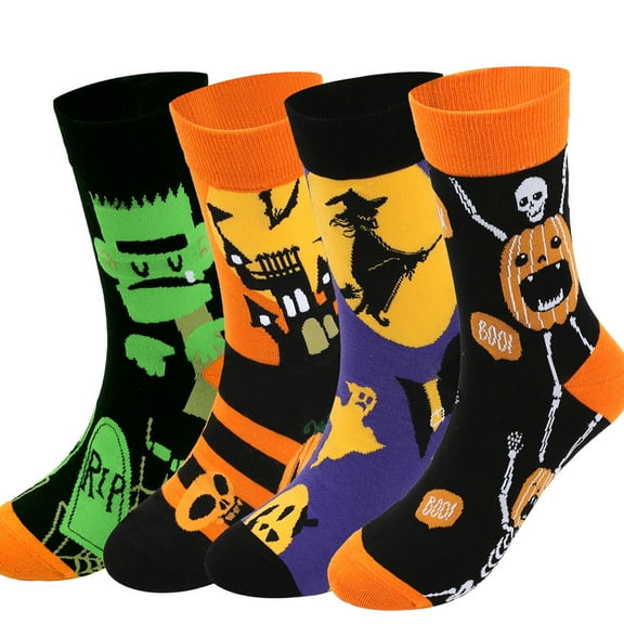 Monebena 4 Pairs Halloween Socks Novelty Socks Holiday Sock Pumpkin Food Horse Pattern Gift for Men Women Christmas Thanksgiving M01
