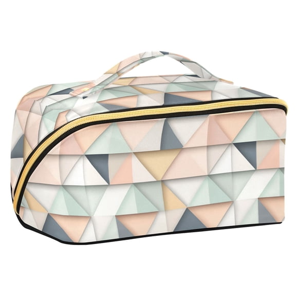 FORMRS Makeup Bag Travel Cosmetic Organizer for Women Fold Flat Zipper Pouch with Handle, Pink Geometric