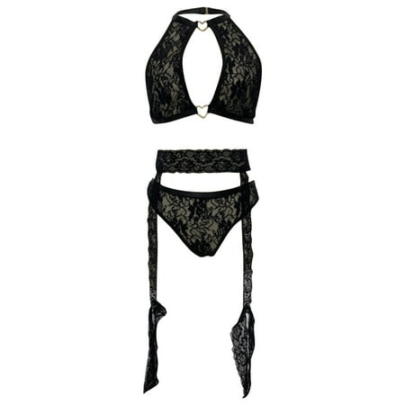 

gvdentm Naughty Lingerie Set for Women Women s 2 Piece Lingerie Set Sheer Lace Cut Out Bra and Panty Teddy Lingerie Black L