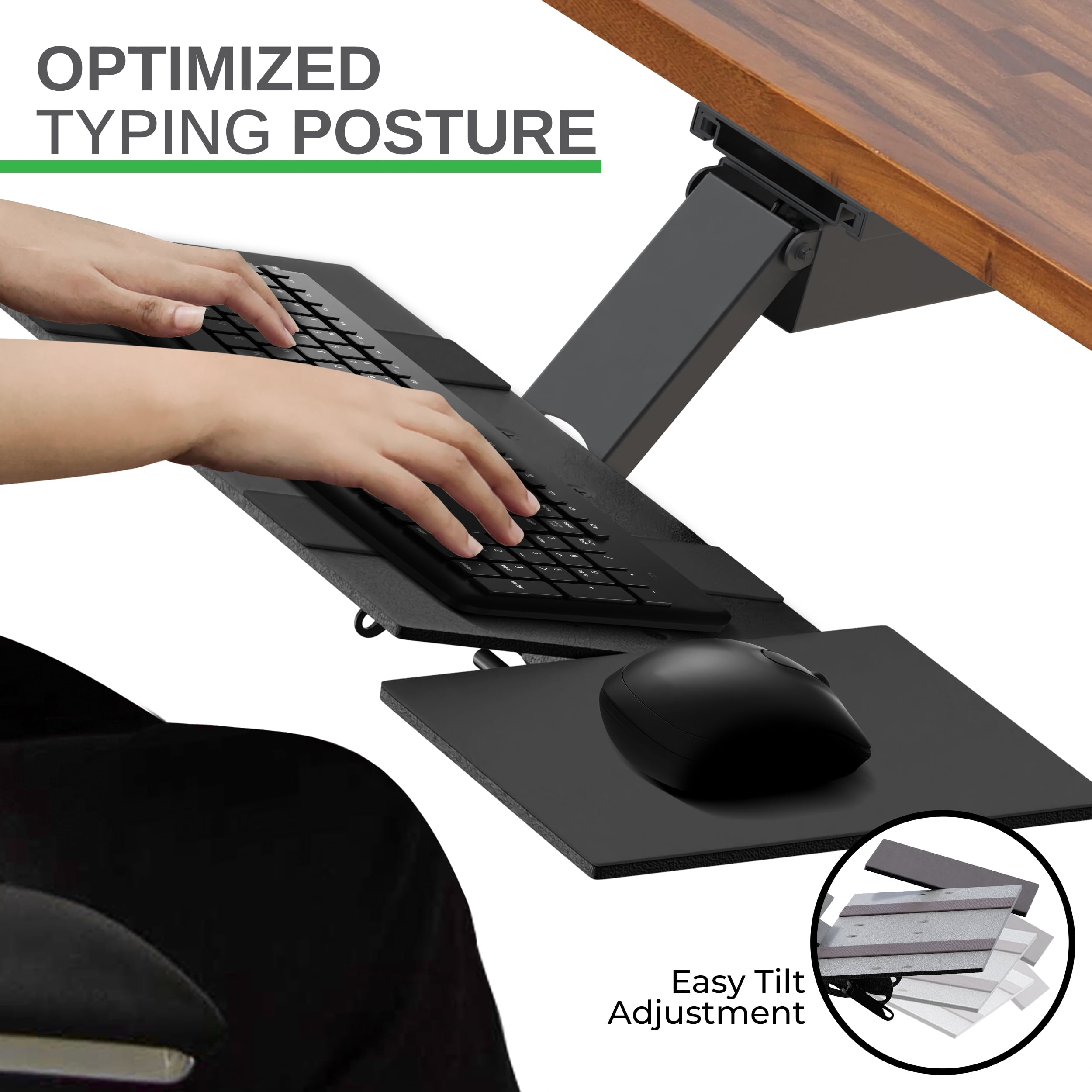 Adjustable Sit Stand Keyboard Tray Under Desk – Ergonomic Slide-Out Keyboard Drawer with Height & Tilt Adjustment, 360° Swivel, and Mouse Pad