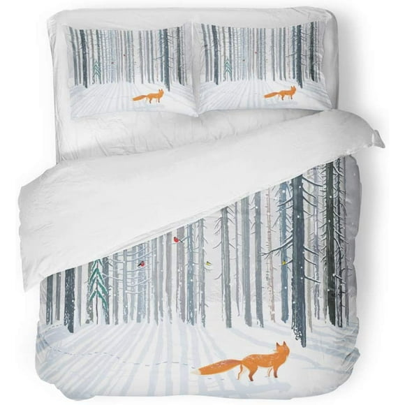 RYLABLUE 3 Piece Bedding Set Red Snow Winter Forest Landscape Fox Ice White Twin Size Duvet Cover with 2 Pillowcase for Home Bedding Room Decoration