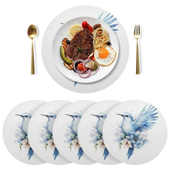 Blue with Bird Round Plate Mats Non-Slip Place Mat Washable PVC Table Mats Set of 4 Heat Resistant Table Decoration for Kitchen Dining