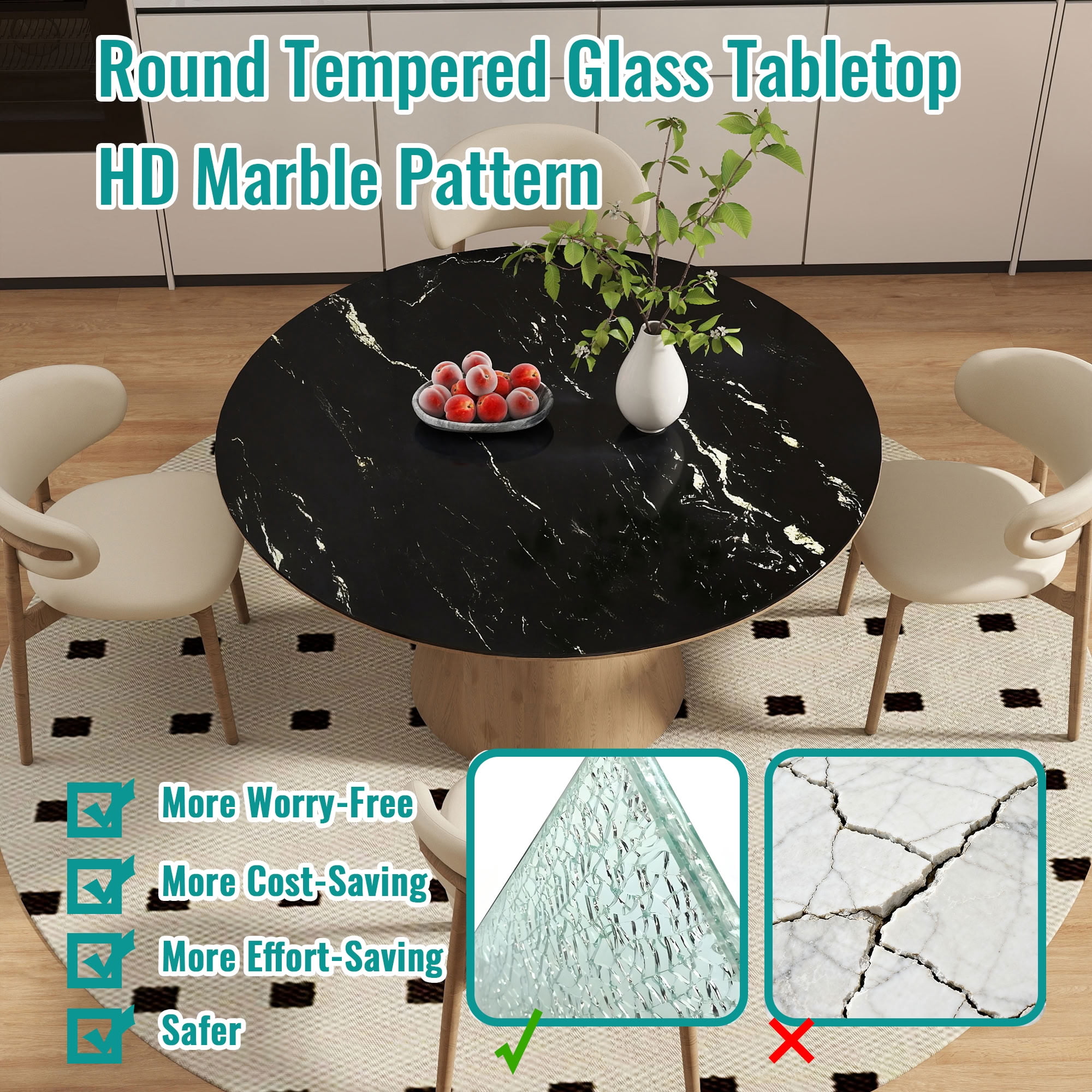 MAYEERTY 30in Round Tempered Glass Table Top, 0.31in Thick Black Gold Vein Marble Print DIY Replacement Table Cover, Heat Scratch Proof Desktop for Small Side Coffee Patio Bistro Table