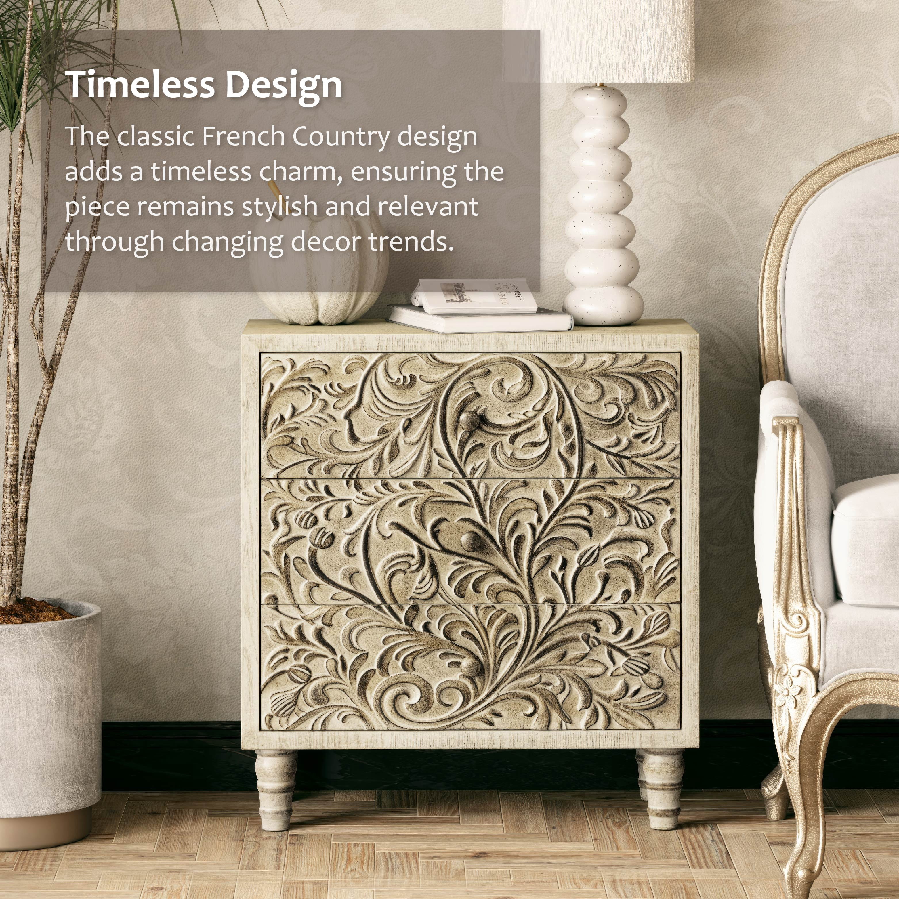 COZAYH 3 Drawer Farmhouse Dresser with Embossed Weathered Flower Motif, Vintage Nightstand for Living Room Bedroom, Almost Fully-Assembled, Boho, Weathered White