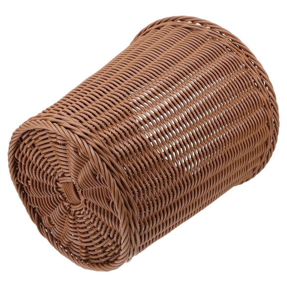 HOOWIFFY Imitation Rattan Wicker Waste Basket Plastic Garbage Bin for Home Office Bathroom in Brown