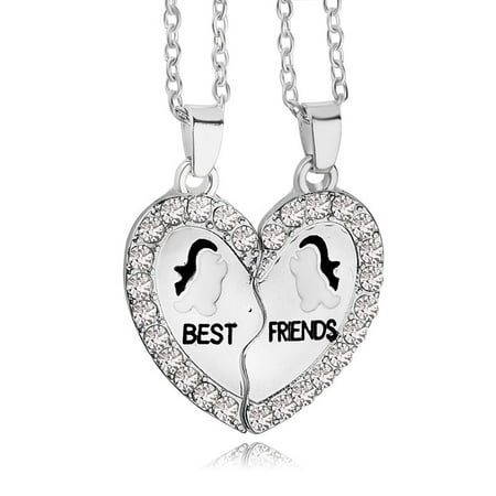 Case 2 Tone Hearts - BEST FRIEND Penguin Heart Silver Tone 2 Pendants Necklace BFF Friendship