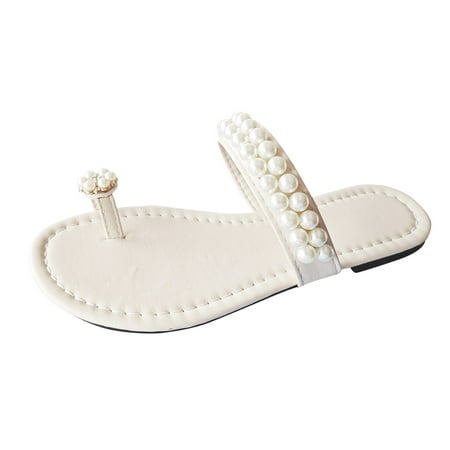 

Krdevn Women s Summer Fashion Flat Bottom Clip Toe Pearl Slippers Outdoor Casual Comfortable Sandal Slippers White 8.5