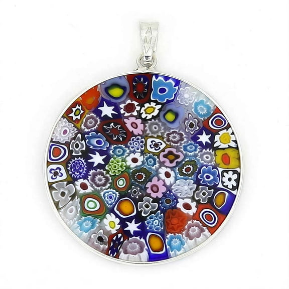 GlassOfVenice Murano Glass Millefiori Pendant "Multicolor" in Silver Frame 1-1/4"