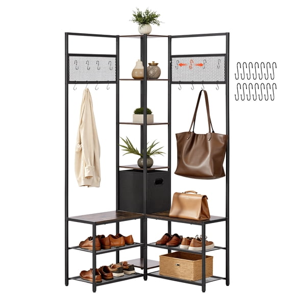 KFFKFF Corner Hall Tree with Shoe Bench, 70.9-inch Coat Rack with Hooks and Steel Frame, Freestanding Storage Organizer with Anti-Tip Design for Entryway, Closet, Office, Rustic Brown