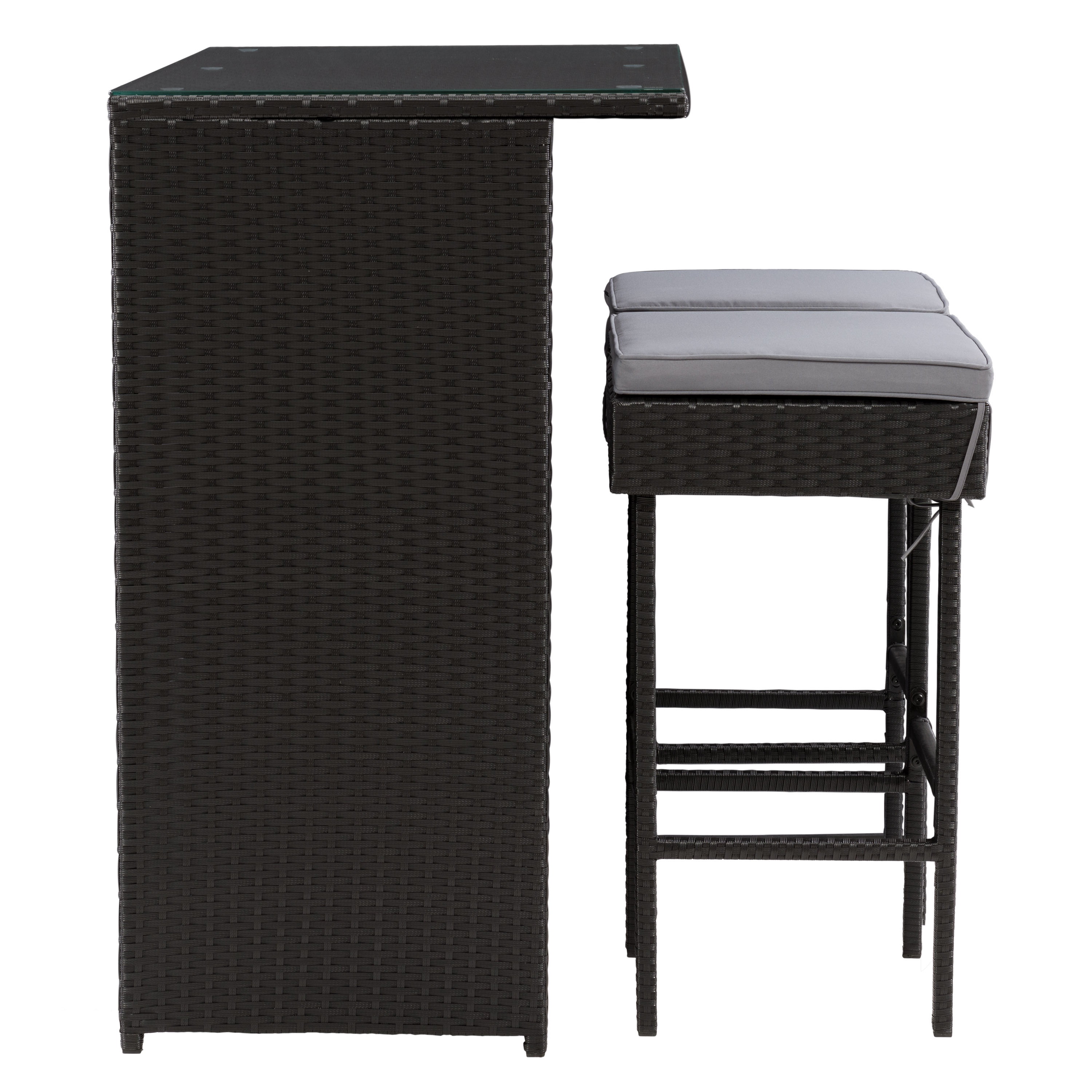 CorLiving Parksville 3-Piece Stylish and Durable Resin Wicker and Steel Patio Bar Set with Barstools with Cushions, Black/Grey