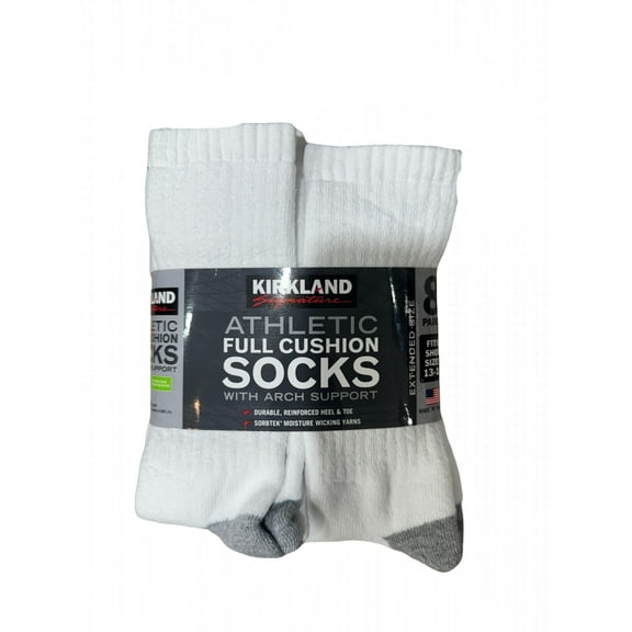 Kirkland Signature Men's Athletic Full Cushion Sock with Arch Support, 8 Count (US, Alpha, Large, Regular, Regular, White), Size 13-15