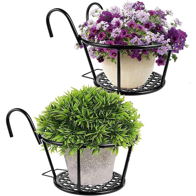 Hanging Flower Pot Holder, Iron Art Hanging Railing Planters Hanging Baskets Flower Pot Holder Over The Rail Metal Fence Planters Assemble Plant Racks for Patio Balcony Porch Fence (2 Pack)