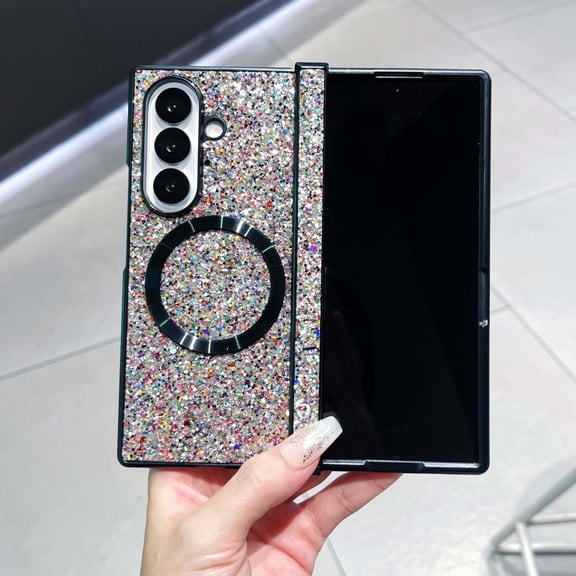 Designed for Samsung Galaxy Z Fold 7 Magnetic Phone Case,Luxury Bling Glitter Back,Compatible with Mag-safe,360°Rotatable Ring Kickstand,Hinge Protection,Shockproof Phone Case,Silver