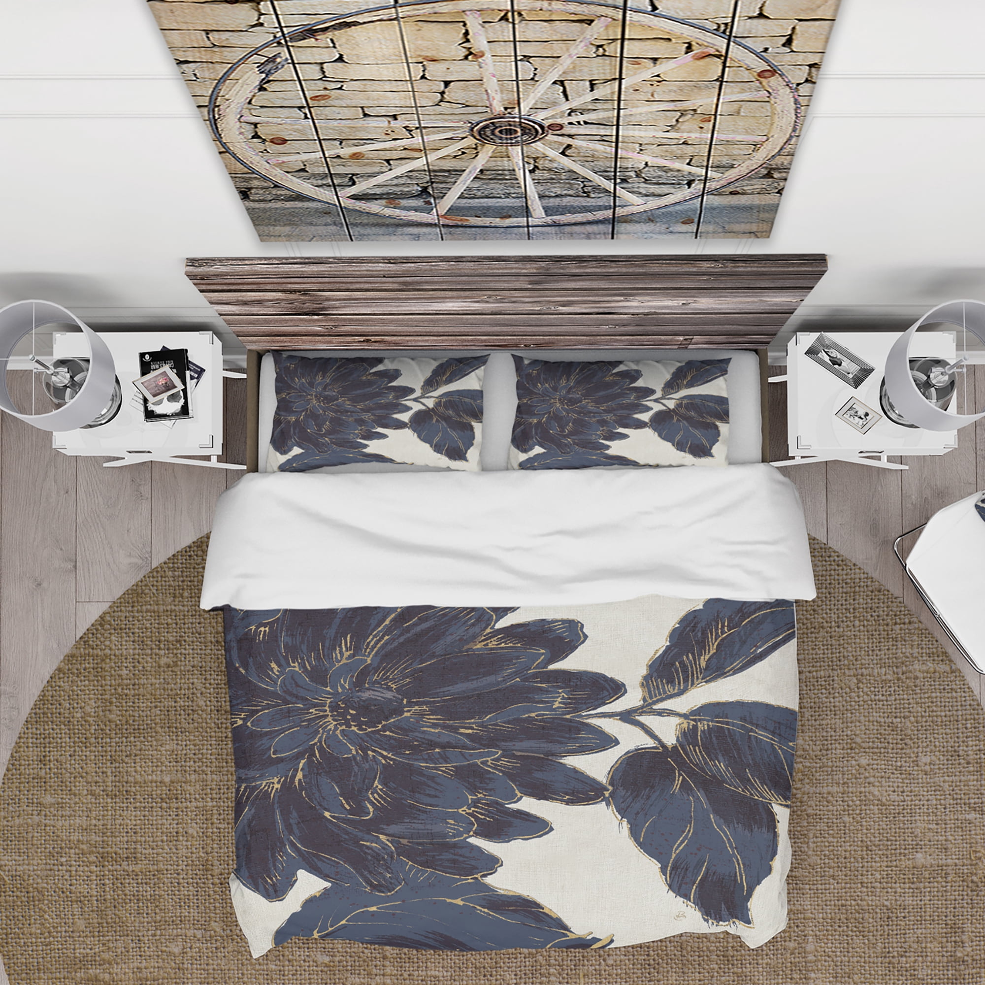 Designart 'Indigo Gold Metallic Flower' Farmhouse Duvet Cover Set