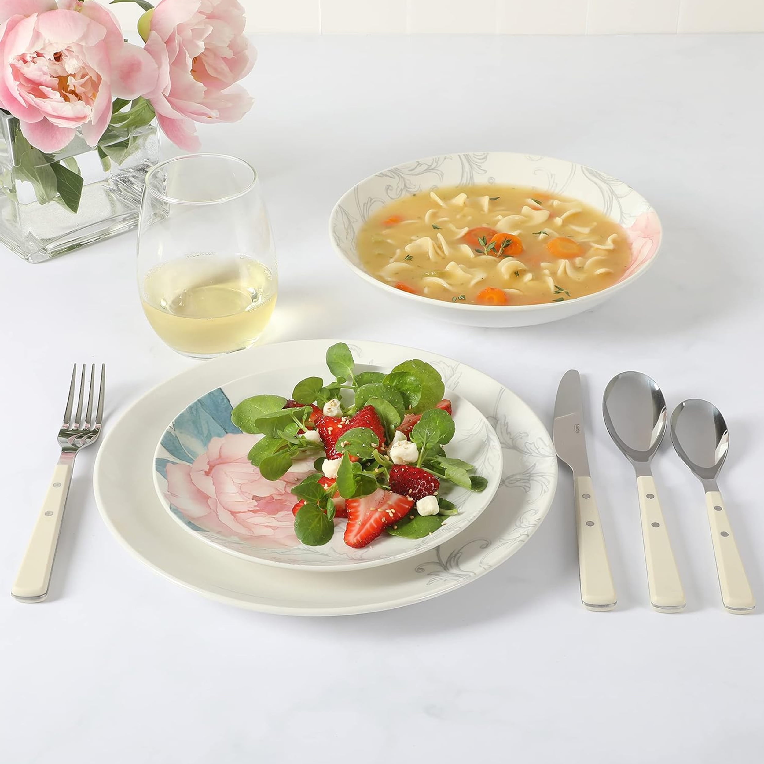 Martha Stewart Everyday Peony 12 Piece Round Fine Ceramic Dinnerware Set in White and Pink