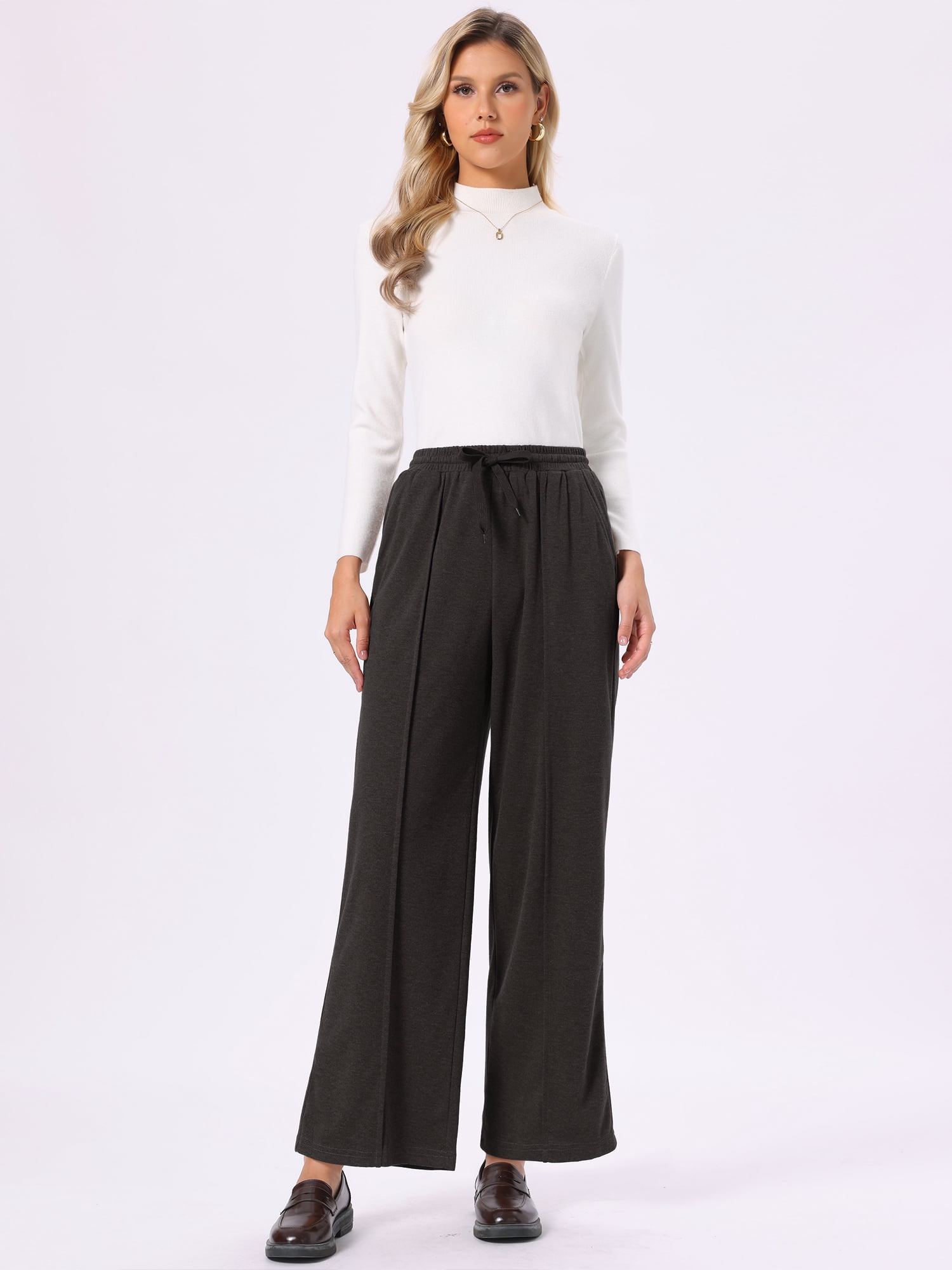 DARING DIVA Women's Wide Leg Pants Drawstring Waist Pockets Trousers XS Dark Coffee