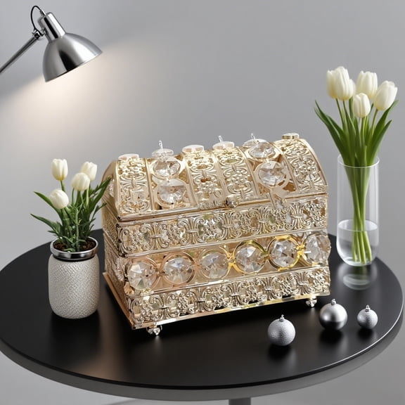 Crystal Jewelry Box, Treasure Chest Box with Gold Tone Frame, Glass and Crystal Storage Case, Small Decorative Jewelry Organizer for Dresser, Vanity and Home Decor