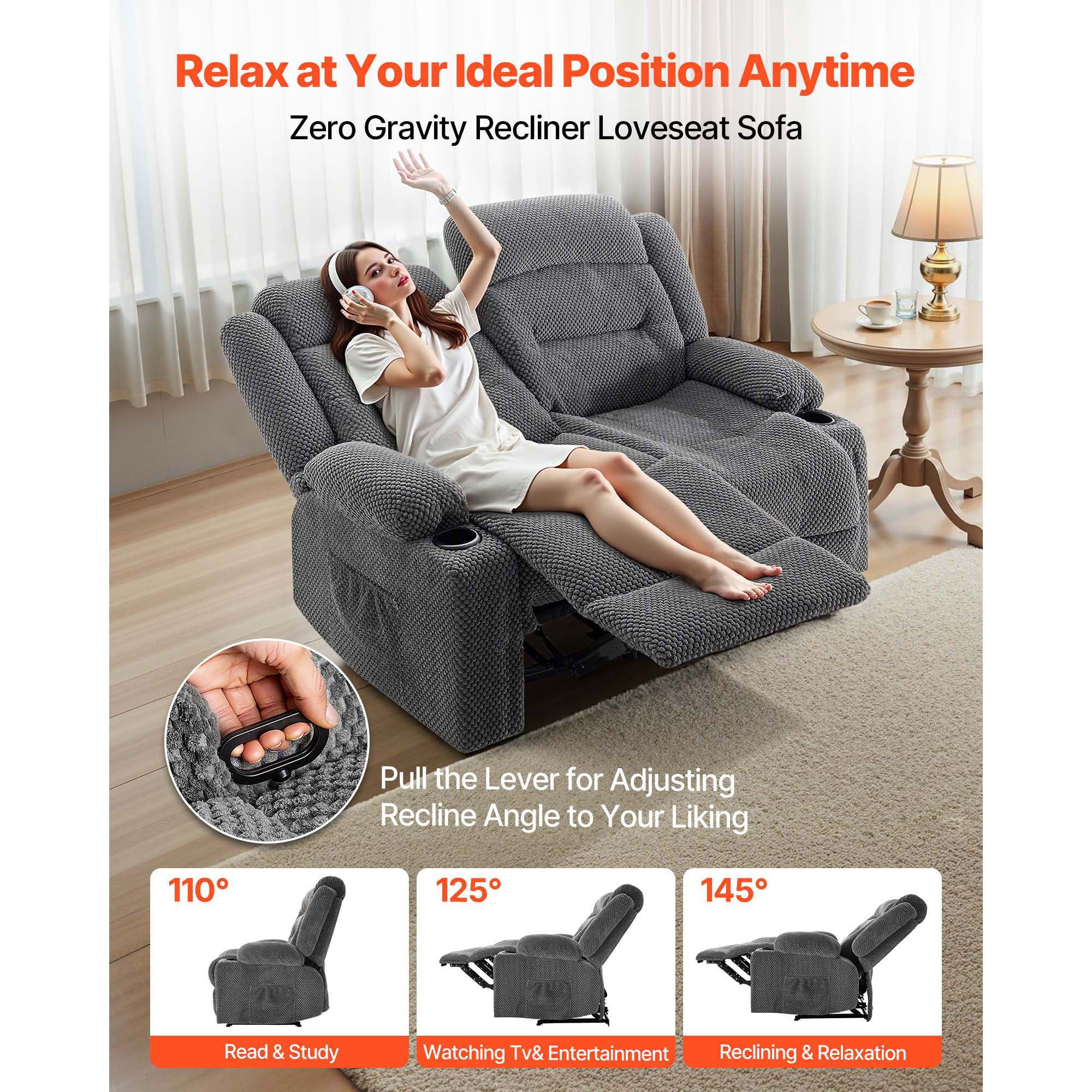 KFFKFF Manual Reclining Loveseat Sofa with Heating and Massage, Soft Corduroy Upholstery, USB Ports, Cup Holders, and Side Storage Pockets, Dual Recliner Couch for Living Room, Grey
