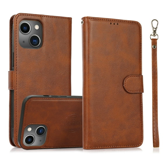 ELEHOLD 2 in 1 Wallet Case for iPhone 14, Credit Card Holder Detachable Hybrid Protective Slim Hard Shell Magnetic PU Leather Folio Pocket Flip Cover for iPhone 14,Brown