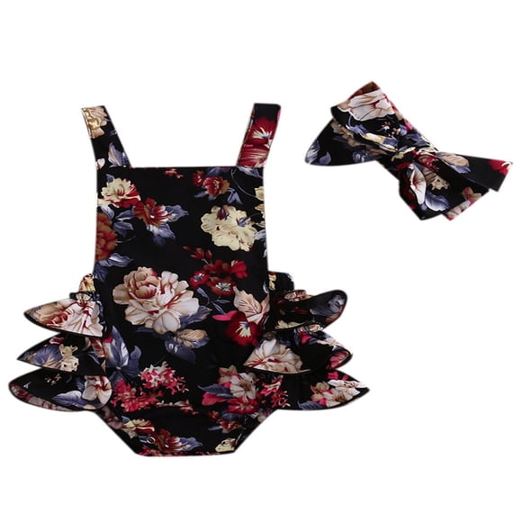 Barboteuse Florale pour Bébé Fille, Tenue Noire à Licou avec Bandeau